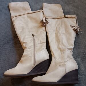 High Knee Nude Cream Tall Zipper Boots Womens Size 9, Boho Western, Block Heel